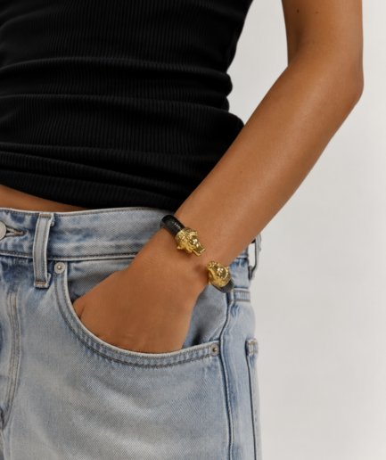 Bracelet Jonc Cuir Noir Têtes De Lion Dorées